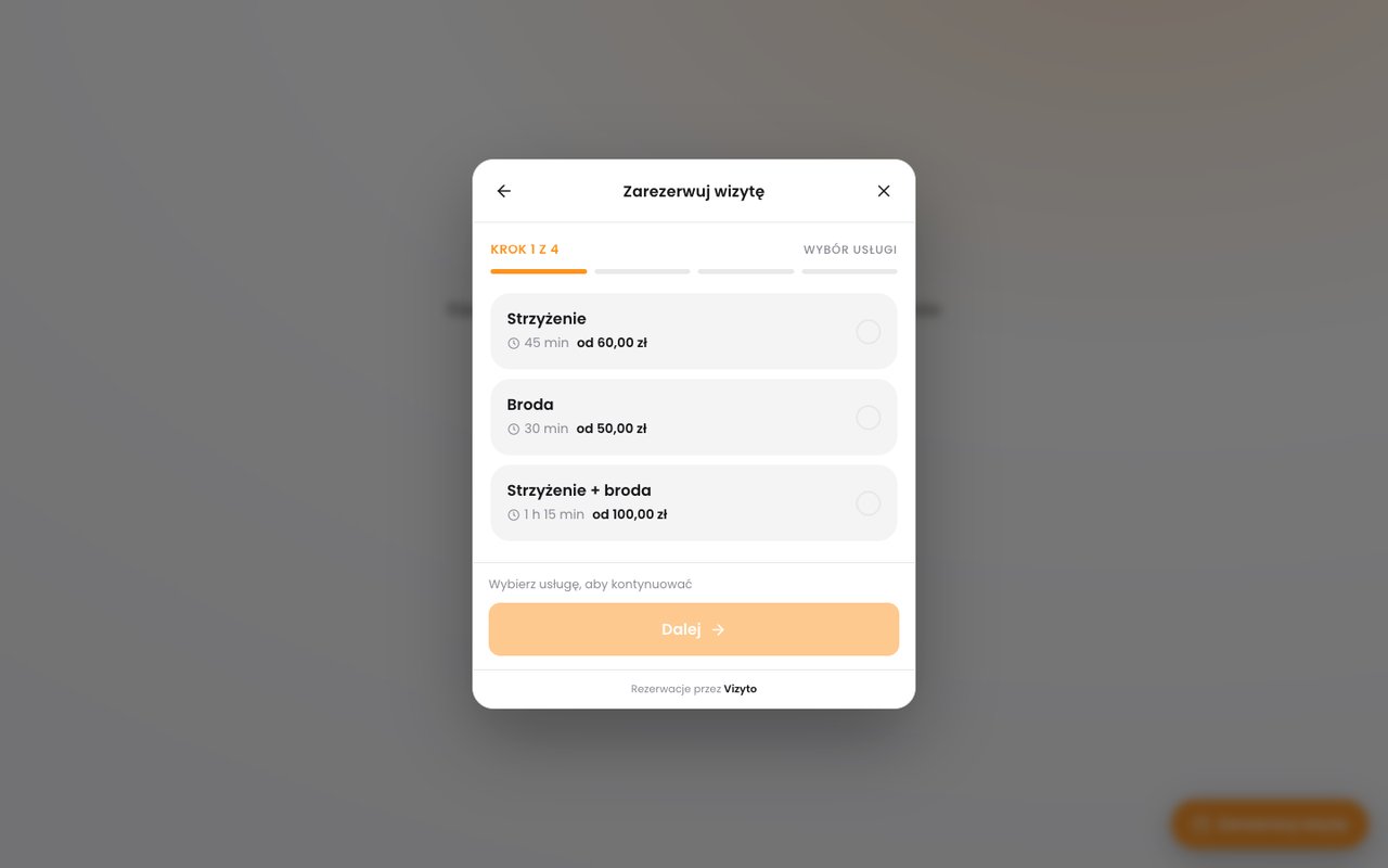 Widget rezerwacji Vizyto otwarty nad stroną salonu