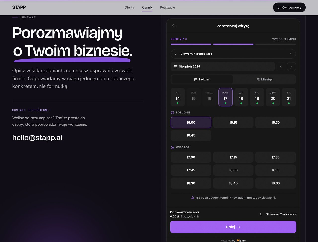 Sekcja kontaktu strony stapp.ai z wpiętym na stałe widgetem rezerwacji Vizyto, otwartym na wyborze terminu