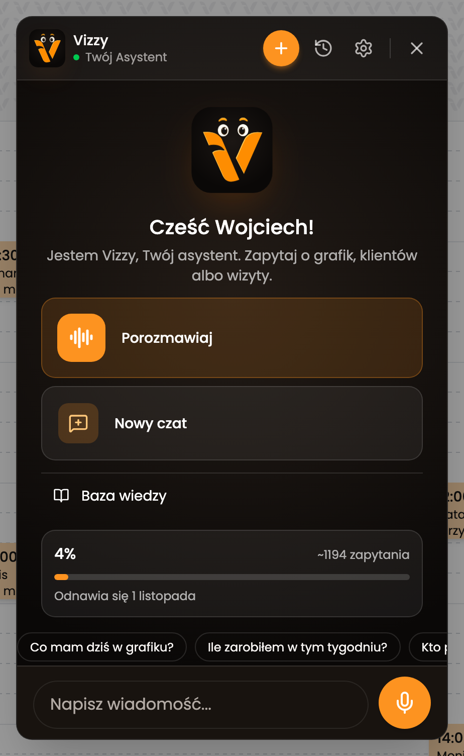 Panel Vizziego z polem wiadomości i przyciskiem Porozmawiaj.
