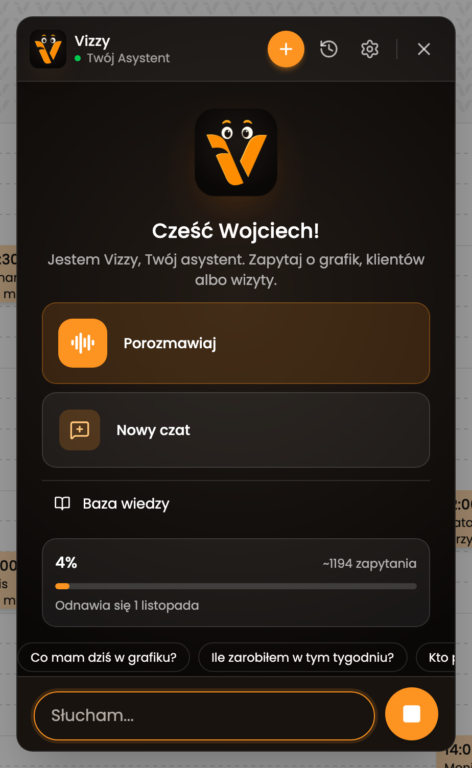 Panel Vizziego podczas dyktowania: pole Słucham... i przycisk zatrzymania.