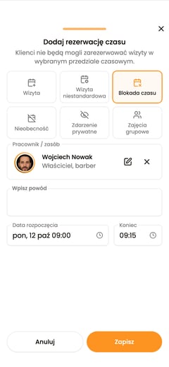Pusty formularz „Dodaj rezerwację czasu” otwarty po wybraniu „Blokada czasu”.