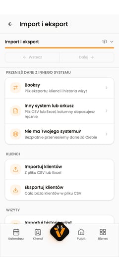 Ekran „Import i eksport” z opcją „Importuj klientów”.