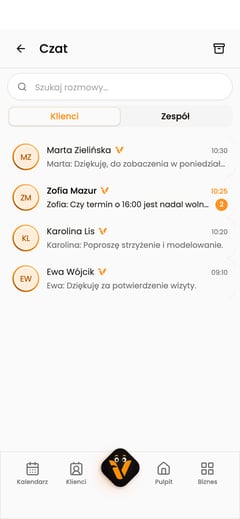 Zakładka „Klienci” w czacie z czterema rozmowami i jedną nieprzeczytaną.
