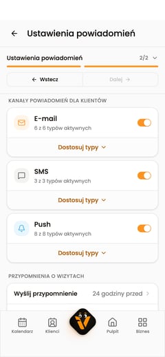 Ustawienia powiadomień na telefonie z kanałami E-mail, SMS i Push dla klientów.