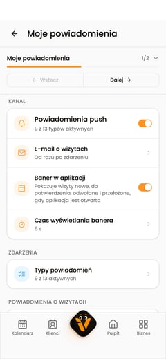 Ekran Moje powiadomienia na telefonie z przełącznikiem Powiadomienia push i sekcją E-mail o wizytach.