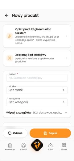 Początek formularza Nowy produkt: opis głosem, kody kreskowe i pole Nazwa.