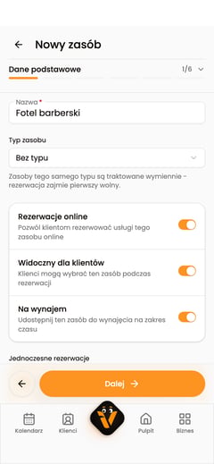 Sekcja „Dane podstawowe” zasobu „Fotel barberski” z włączonym przełącznikiem „Na wynajem”.