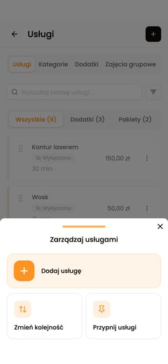 Lista usług z otwartym menu „Zarządzaj usługami” i akcją „Dodaj usługę”.