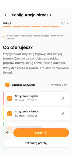 Lista propozycji usług z wyborem i liczbą zaznaczonych pozycji.