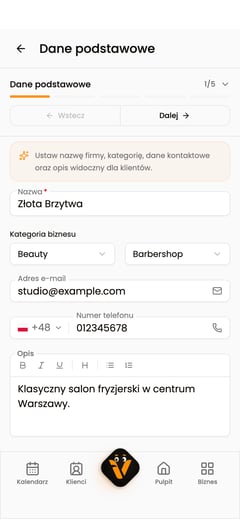 Sekcja „Dane podstawowe” biznesu z uzupełnionym opisem Złotej Brzytwy.