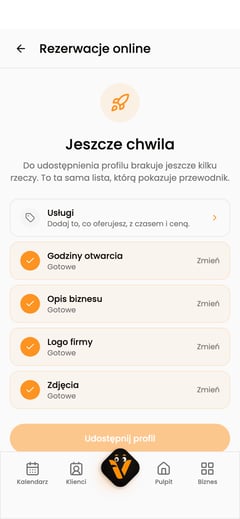 Ekran „Rezerwacje online” z listą elementów wymaganych do publikacji profilu.