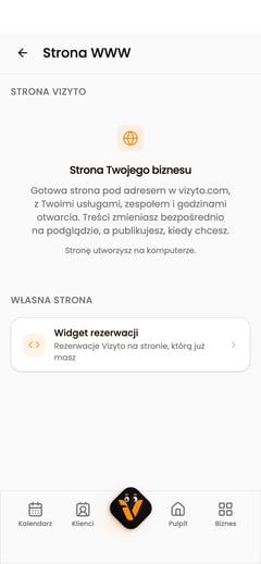 Ekran „Strona WWW” z sekcją „Własna strona” i pozycją „Widget rezerwacji”.