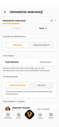 Ekran „Ustawienia rezerwacji” z sekcjami „Dostęp do rezerwacji”, „Tryb pracy” i „Potwierdzanie”.