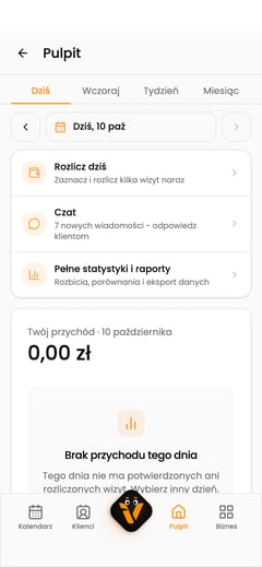 Pulpit na telefonie z wybraną zakładką „Dziś” i skrótem „Pełne statystyki i raporty”.