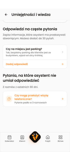 Sekcja „Odpowiedzi na częste pytania” z zapisaną odpowiedzią i przyciskiem „Dodaj odpowiedź”.