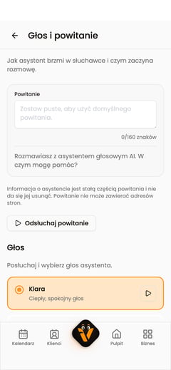 Sekcja Głos i powitanie z polem Powitanie, stałą informacją o asystencie i przyciskiem Odsłuchaj powitanie.