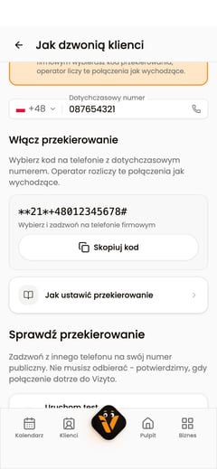 Ekran Jak dzwonią klienci z polem Dotychczasowy numer i kodem przekierowania do wybrania na telefonie.