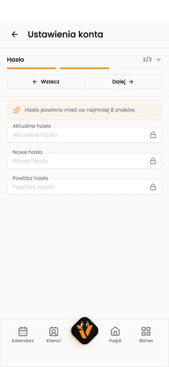 Puste pola aktualnego hasła, nowego hasła i jego powtórzenia.