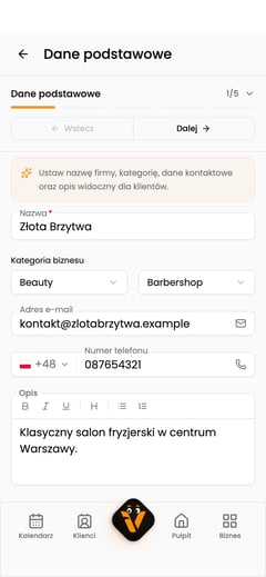 Formularz danych podstawowych biznesu z nazwą i danymi kontaktowymi.