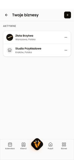 Ekran Twoje biznesy z dwoma aktywnymi biznesami na liście.