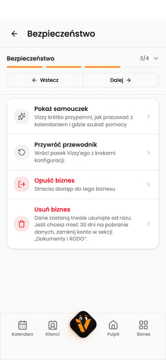 Wiersz „Usuń biznes” w sekcji Bezpieczeństwo.
