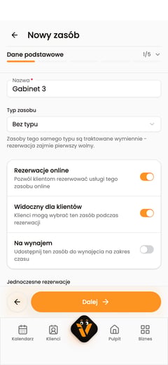 Formularz „Nowy zasób” z nazwą „Gabinet 3” i polem „Typ zasobu”.