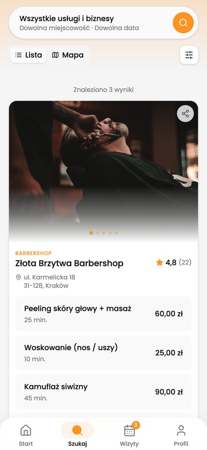 Wyszukiwarka usług w aplikacji Vizyto