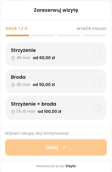 Widget rezerwacji - wybór usługi