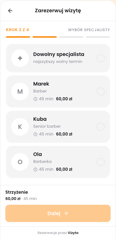 Widget rezerwacji - wybór specjalisty