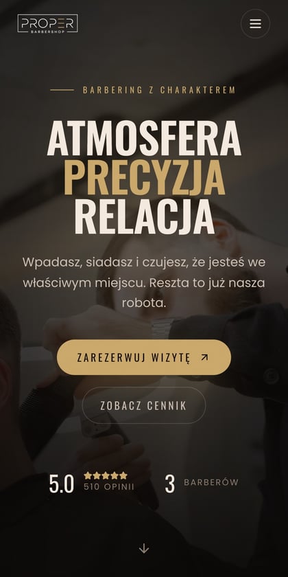 Strona properbarbershop.pl otwarta na telefonie, z przyciskiem rezerwacji wizyty