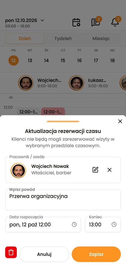 Formularz „Aktualizacja rezerwacji czasu” z przyciskami usunięcia i zapisu.
