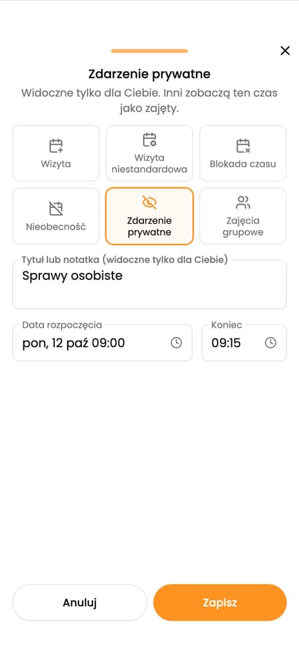 Formularz „Zdarzenie prywatne” z tytułem „Sprawy osobiste” i polami daty.