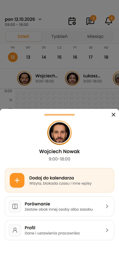 Menu kolumny Wojciecha Nowaka z akcją „Porównanie”.