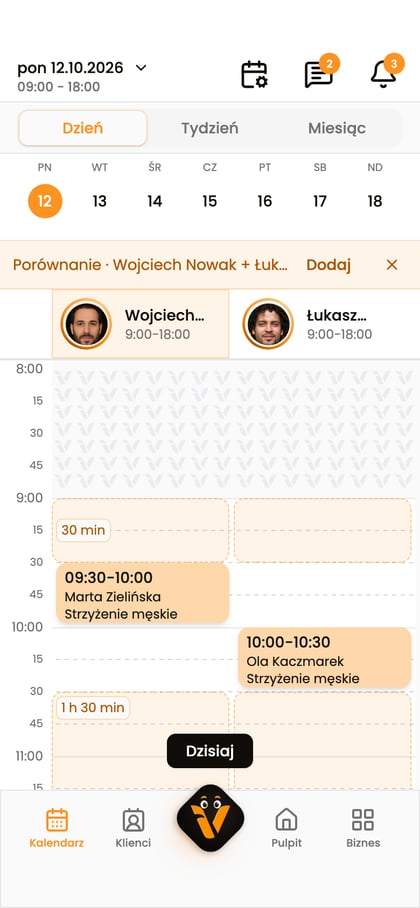 Pasek „Porównanie” z nazwami dwóch pracowników oraz przyciskami „Dodaj” i „Zakończ porównanie”.