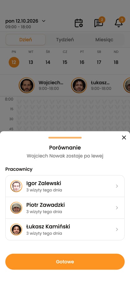 Panel Porównanie na telefonie z wyborem kolumn i przyciskiem Gotowe.