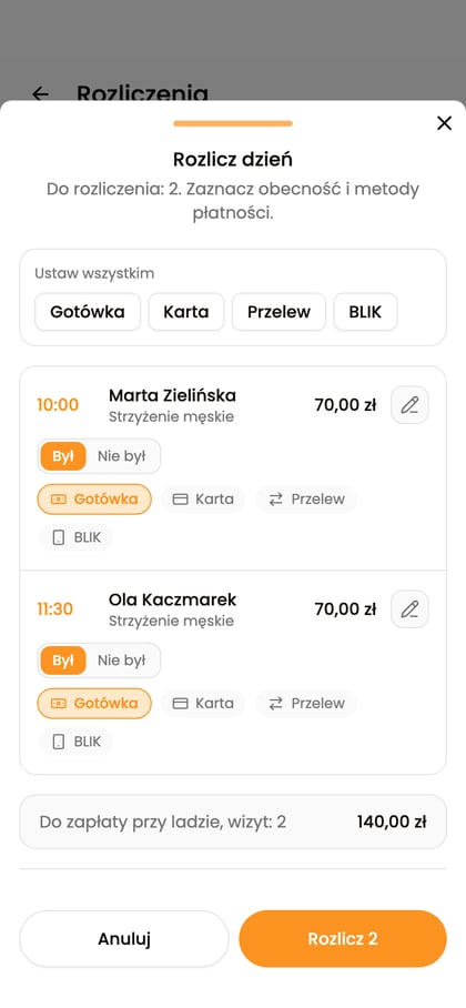 Formularz „Rozlicz dzień” z wyborem obecności i metod płatności dla fikcyjnych wizyt.