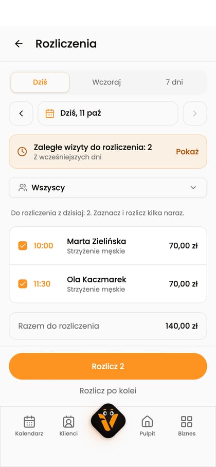 Lista wizyt do rozliczenia na telefonie z wyborem zakresu i akcją Rozlicz.