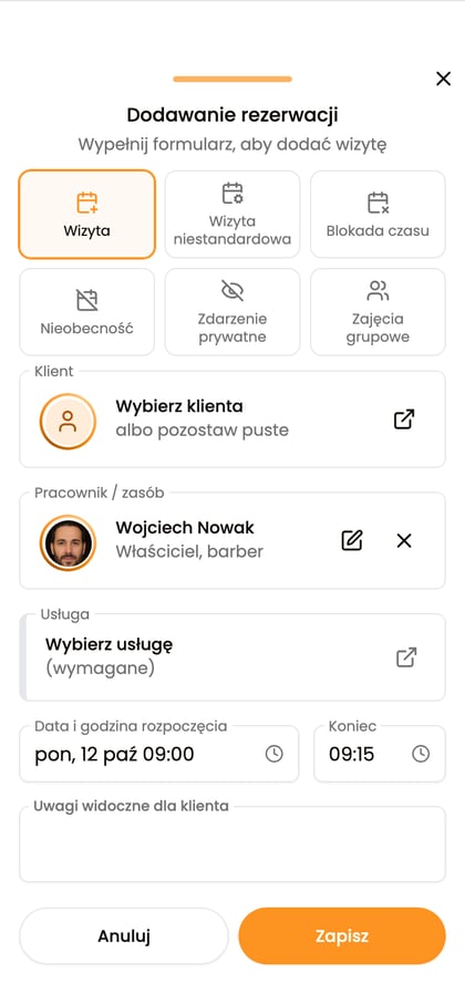 Panel „Dodaj do kalendarza” z typami wpisów dostępnymi dla właściciela.