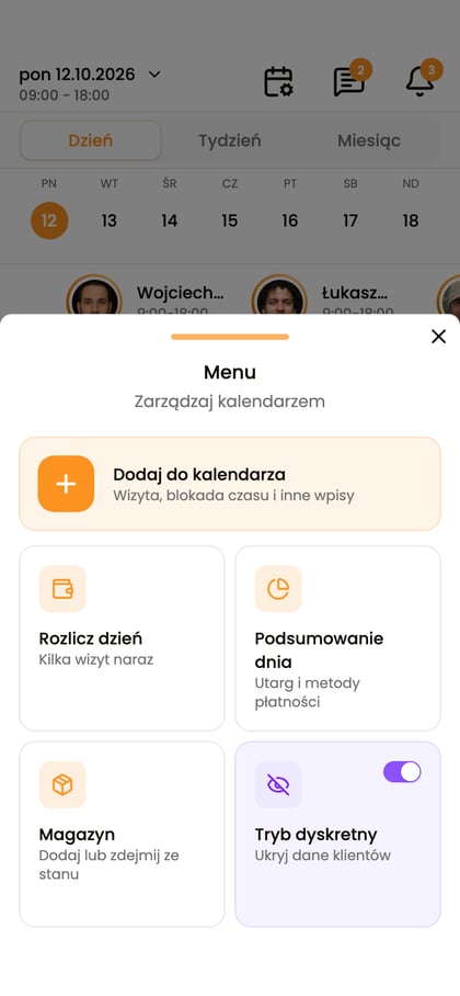 Menu kalendarza na telefonie z włączonym przełącznikiem „Tryb dyskretny”.