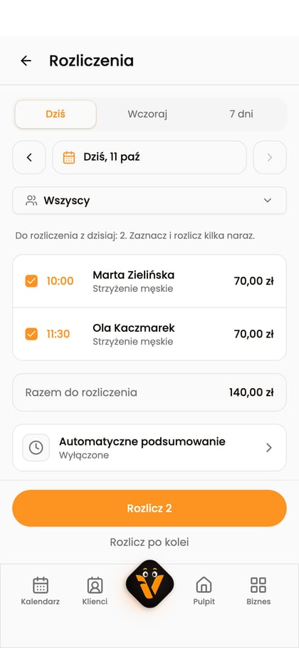 Ekran „Rozliczenia” otwarty z akcji „Rozlicz dzień” w menu kalendarza.