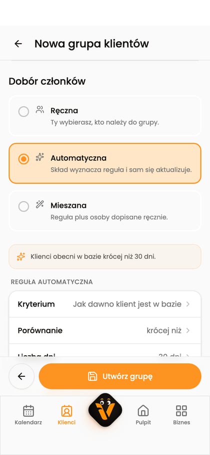 Sekcja „Dobór członków” z wybraną opcją „Automatyczna” i polami „Kryterium” oraz „Warunek”.