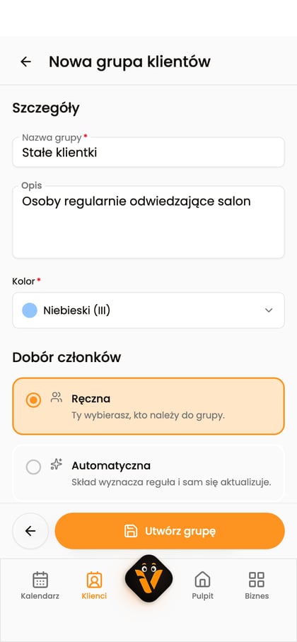 Wypełniony formularz grupy „Stałe klientki” z przyciskiem „Utwórz grupę”.