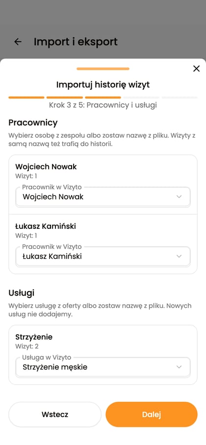 Krok „Pracownicy i usługi” z Wojciechem Nowakiem, Łukaszem Kamińskim i usługami z pliku.
