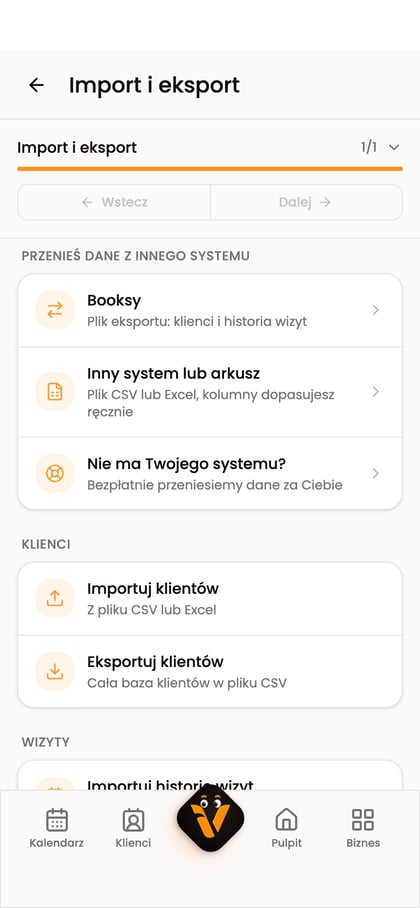 Ekran „Import i eksport” z opcją „Importuj klientów”.
