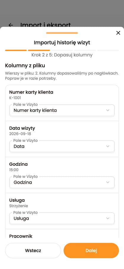 Krok „Dopasuj kolumny” historii wizyt z numerem karty, datą, godziną i usługą.
