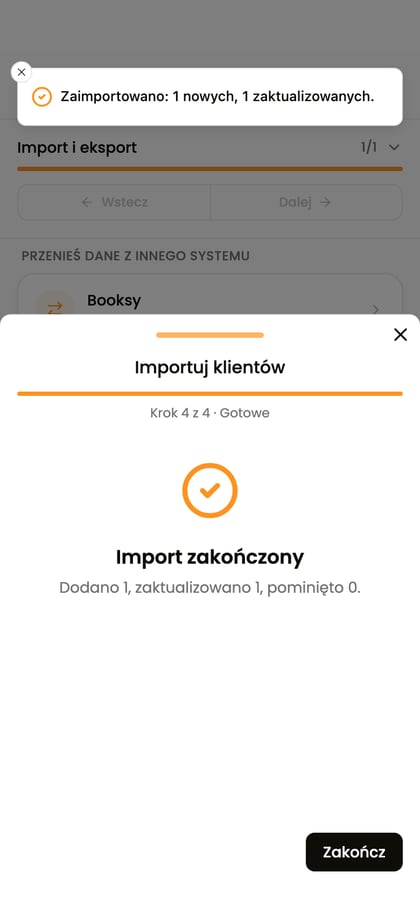 Ekran „Import zakończony” z podsumowaniem dwóch dodanych klientów.