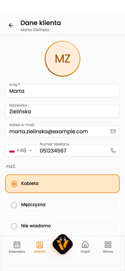 Ekran „Dane klienta” dla Marty Zielińskiej z polami imienia, nazwiska i danych kontaktowych.