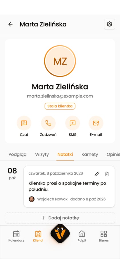 Karta Marty Zielińskiej z wybraną zakładką „Notatki” i notatką dotyczącą obsługi.