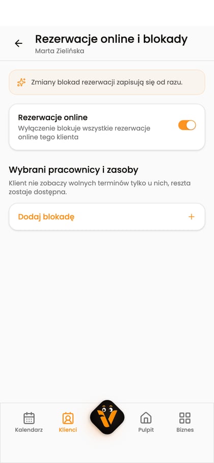 Ekran „Rezerwacje online i blokady” dla Marty Zielińskiej z włączonym dostępem.
