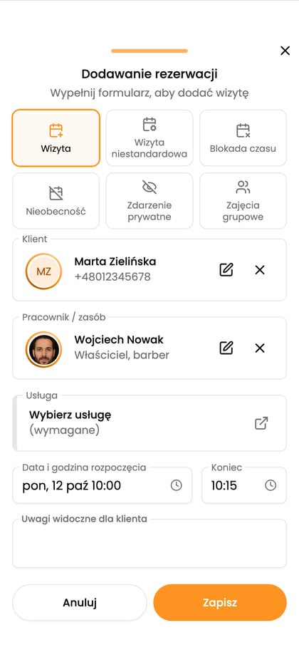 Formularz „Dodaj do kalendarza” rozpoczęty ze zgłoszenia Marty Zielińskiej.
